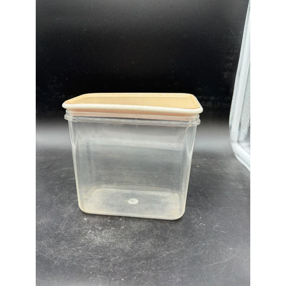 Vntg Clear Plastic Kitchen Canister Tan Lid Rectangular Storage Made‎ Hong Kong
